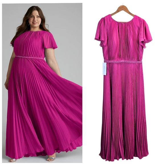 Azazie Kara Women A-Line Pleated Chiffon Floor Length Dress 14 Fuchsia Bridesmai - Picture 1 of 16